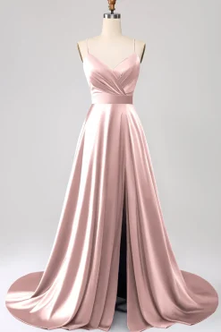 Vestido de Cerimônia de Cetim Rosa Empoeirado com Alças Finas em Linha A