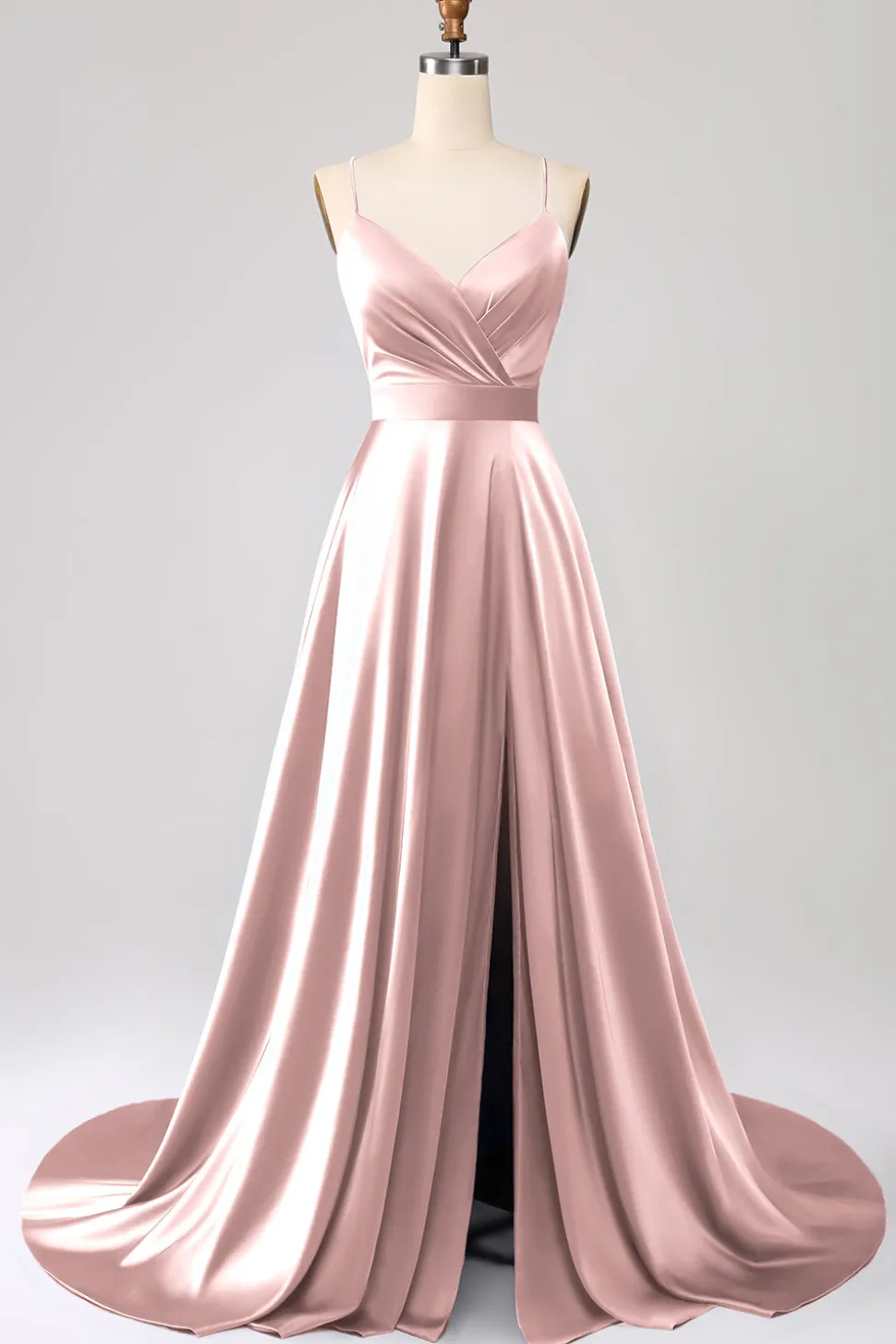 Vestido de Cerimônia de Cetim Rosa Empoeirado com Alças Finas em Linha A