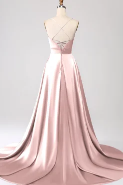 Vestido de Cerimônia de Cetim Rosa Empoeirado com Alças Finas em Linha A
