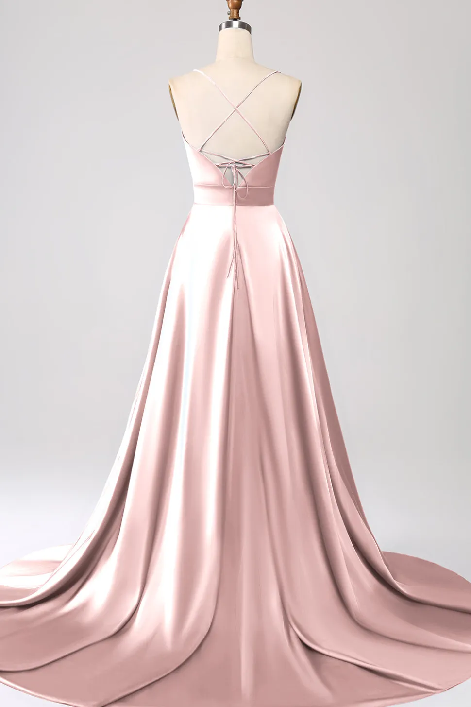 Vestido de Cerimônia de Cetim Rosa Empoeirado com Alças Finas em Linha A