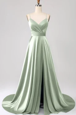 Vestido de Cerimônia de Cetim Rosa Empoeirado com Alças Finas em Linha A