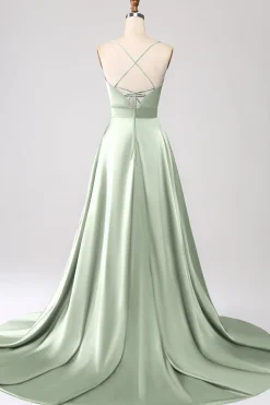 Vestido de Cerimônia de Cetim Rosa Empoeirado com Alças Finas em Linha A