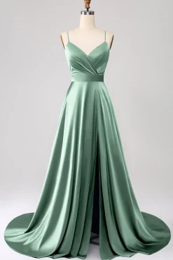 Vestido de Cerimônia de Cetim Rosa Empoeirado com Alças Finas em Linha A