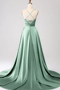 Vestido de Cerimônia de Cetim Rosa Empoeirado com Alças Finas em Linha A