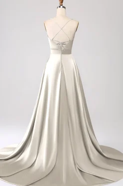 Vestido de Cerimônia de Cetim Rosa Empoeirado com Alças Finas em Linha A