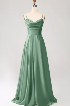 Vestido de cerimônia de cetim azul empoeirado com alças finas em linha A
