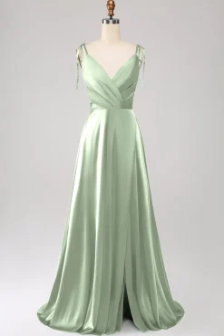 Vestido de Cerimônia Dusty Sage com alças finas franzido e fenda