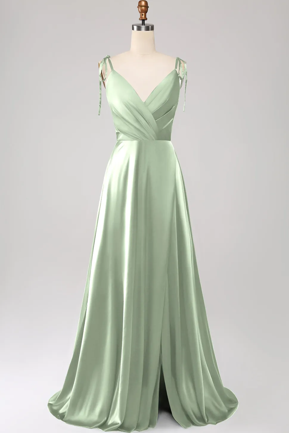 Vestido de Cerimônia Dusty Sage com alças finas franzido e fenda