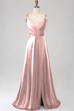 Vestido de Cerimônia Dusty Sage com alças finas franzido e fenda