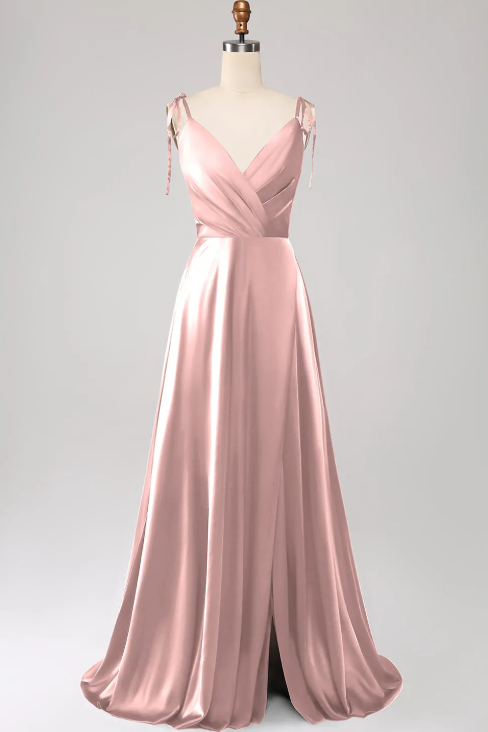 Vestido de Cerimônia Dusty Sage com alças finas franzido e fenda