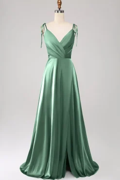 Vestido de Cerimônia Dusty Sage com alças finas franzido e fenda