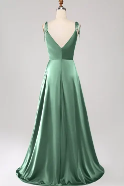 Vestido de Cerimônia Dusty Sage com alças finas franzido e fenda