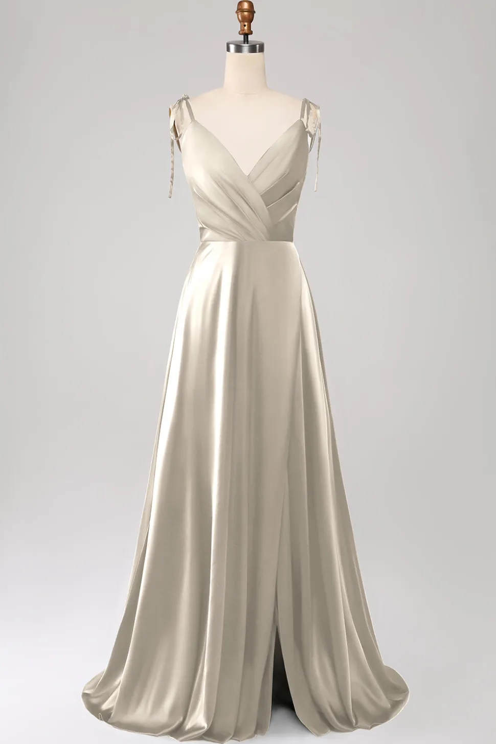 Vestido de Cerimônia Dusty Sage com alças finas franzido e fenda