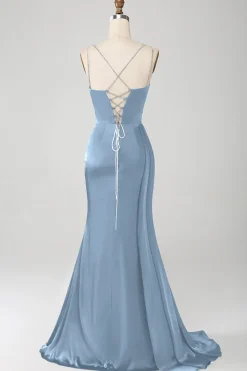 Vestido de cerimônia longo de cetim com alças finas azul sereia empoeirado