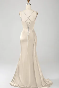 Vestido de cerimônia longo de cetim com alças finas azul sereia empoeirado