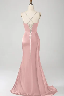Vestido de cerimônia longo de cetim com alças finas azul sereia empoeirado