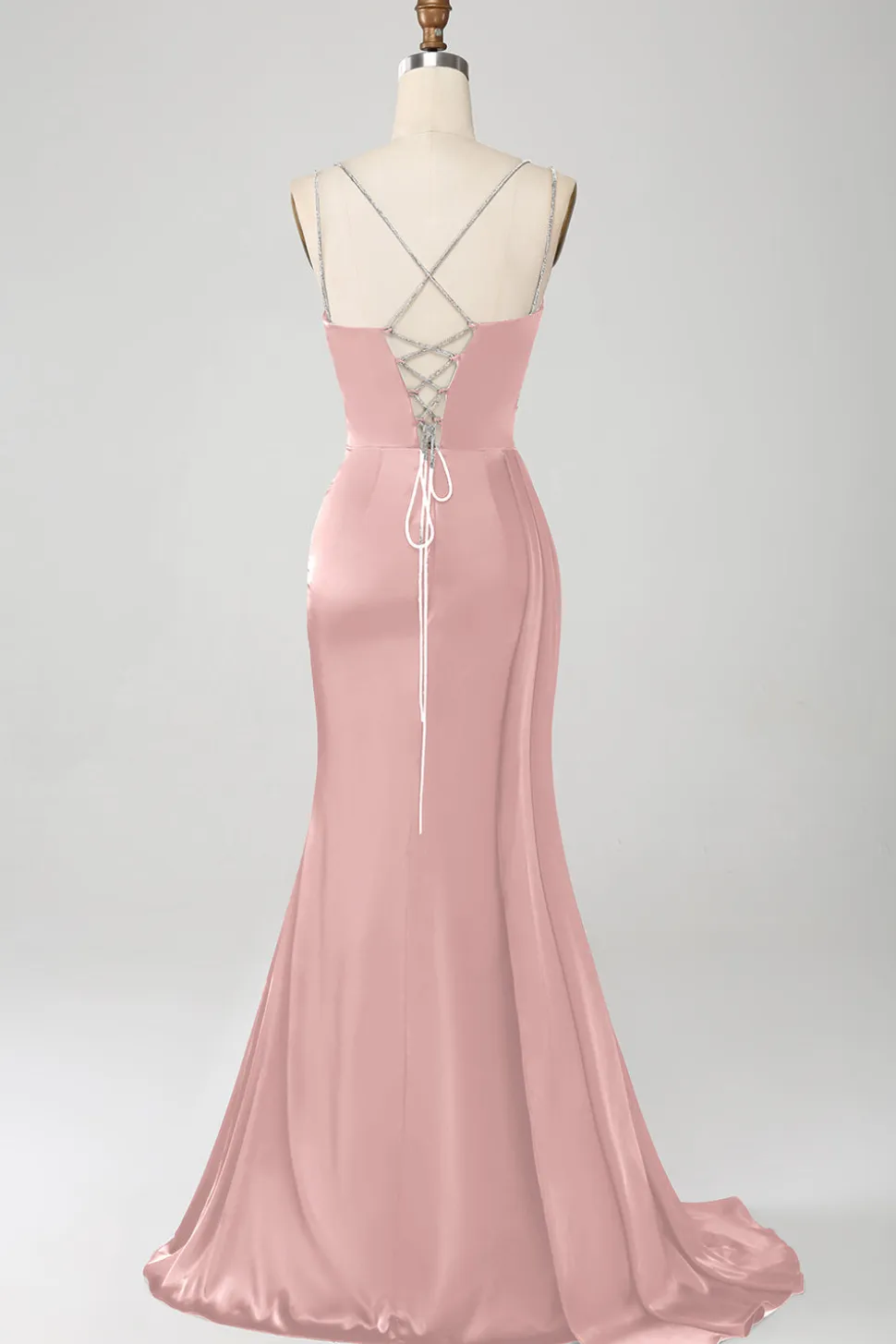 Vestido de cerimônia longo de cetim com alças finas azul sereia empoeirado