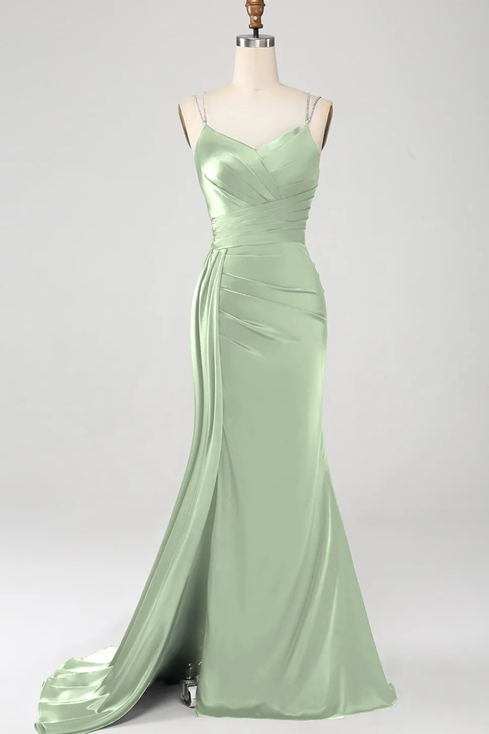 Vestido de cerimônia longo de cetim com alças finas azul sereia empoeirado