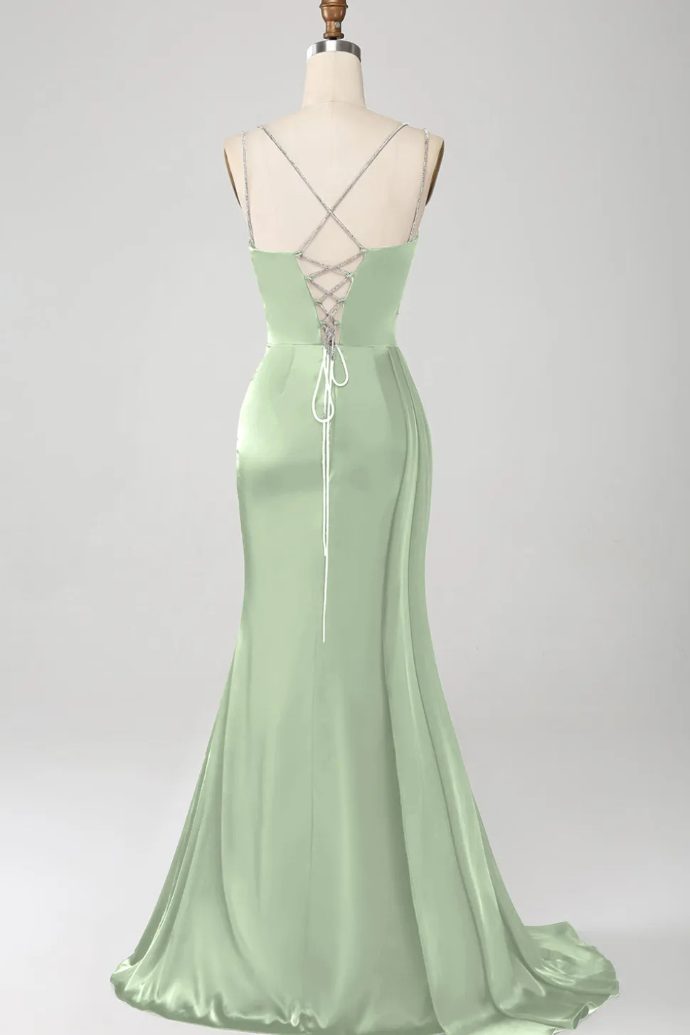 Vestido de cerimônia longo de cetim com alças finas azul sereia empoeirado