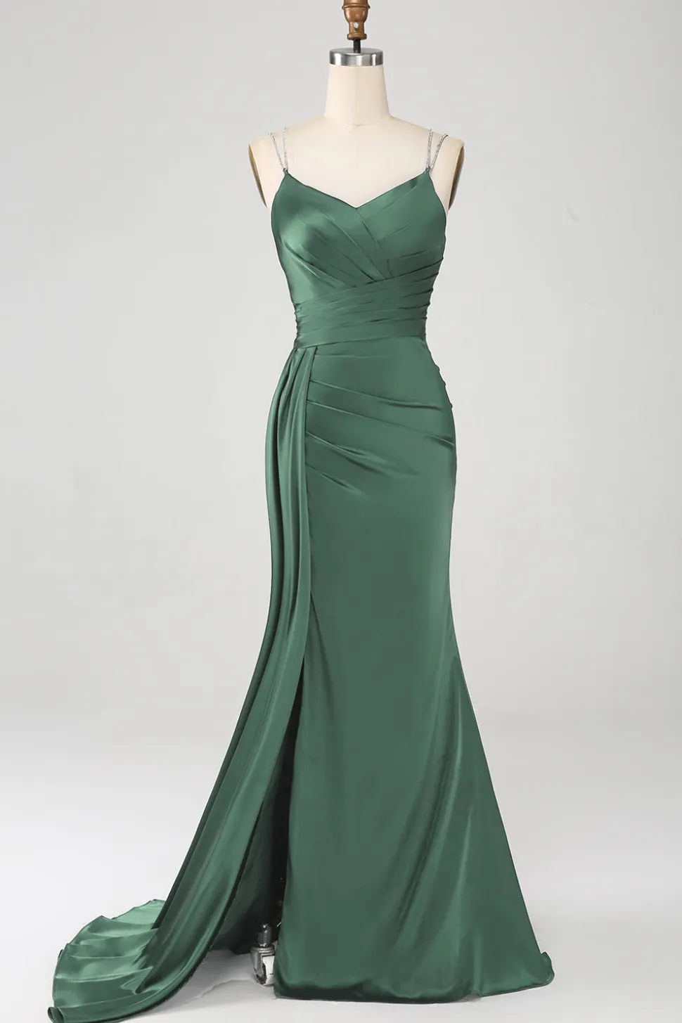 Vestido de cerimônia longo de cetim com alças finas azul sereia empoeirado