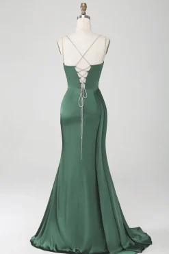 Vestido de cerimônia longo de cetim com alças finas azul sereia empoeirado