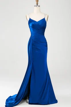 Vestido de cerimônia longo de cetim com alças finas azul sereia empoeirado