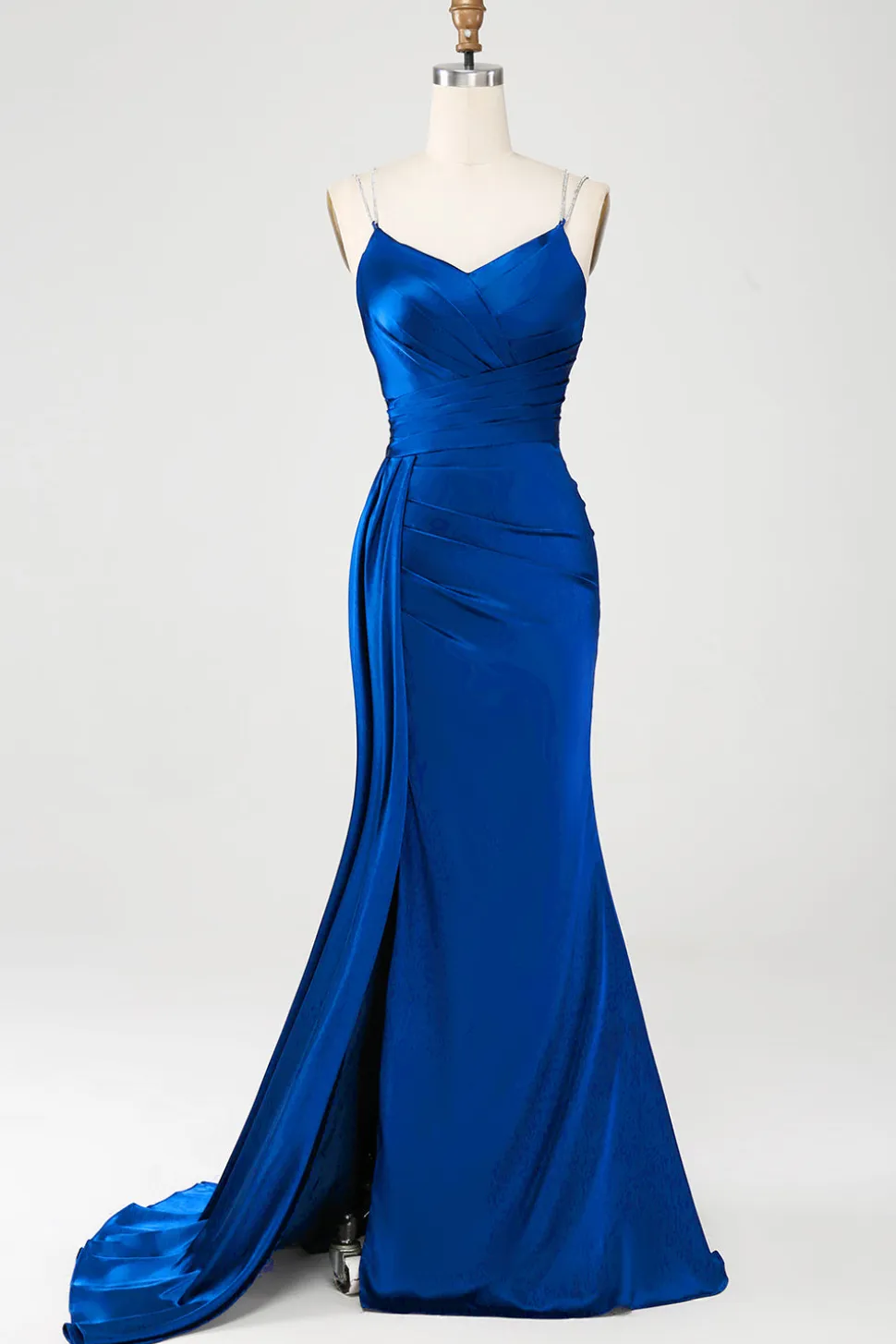 Vestido de cerimônia longo de cetim com alças finas azul sereia empoeirado