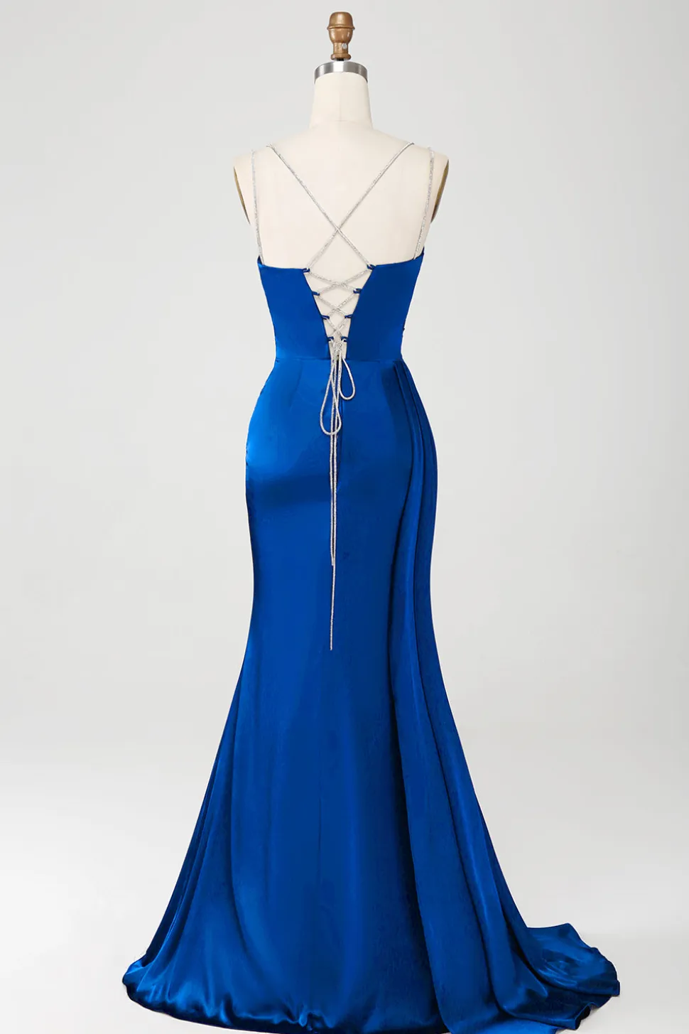 Vestido de cerimônia longo de cetim com alças finas azul sereia empoeirado