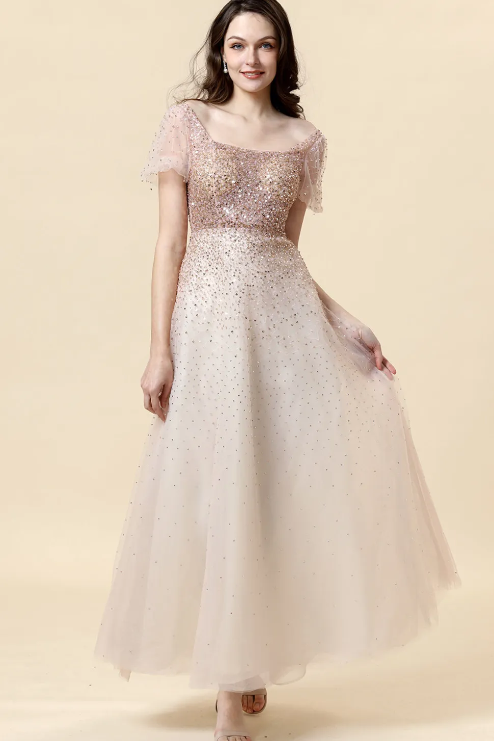 Vestido de Cerimónia Pescoço Quadrado Rosa A-Line