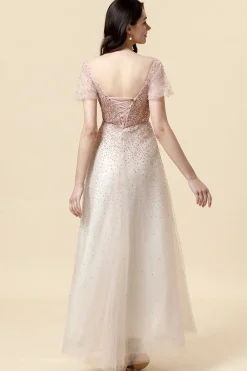 Vestido de Cerimónia Pescoço Quadrado Rosa A-Line