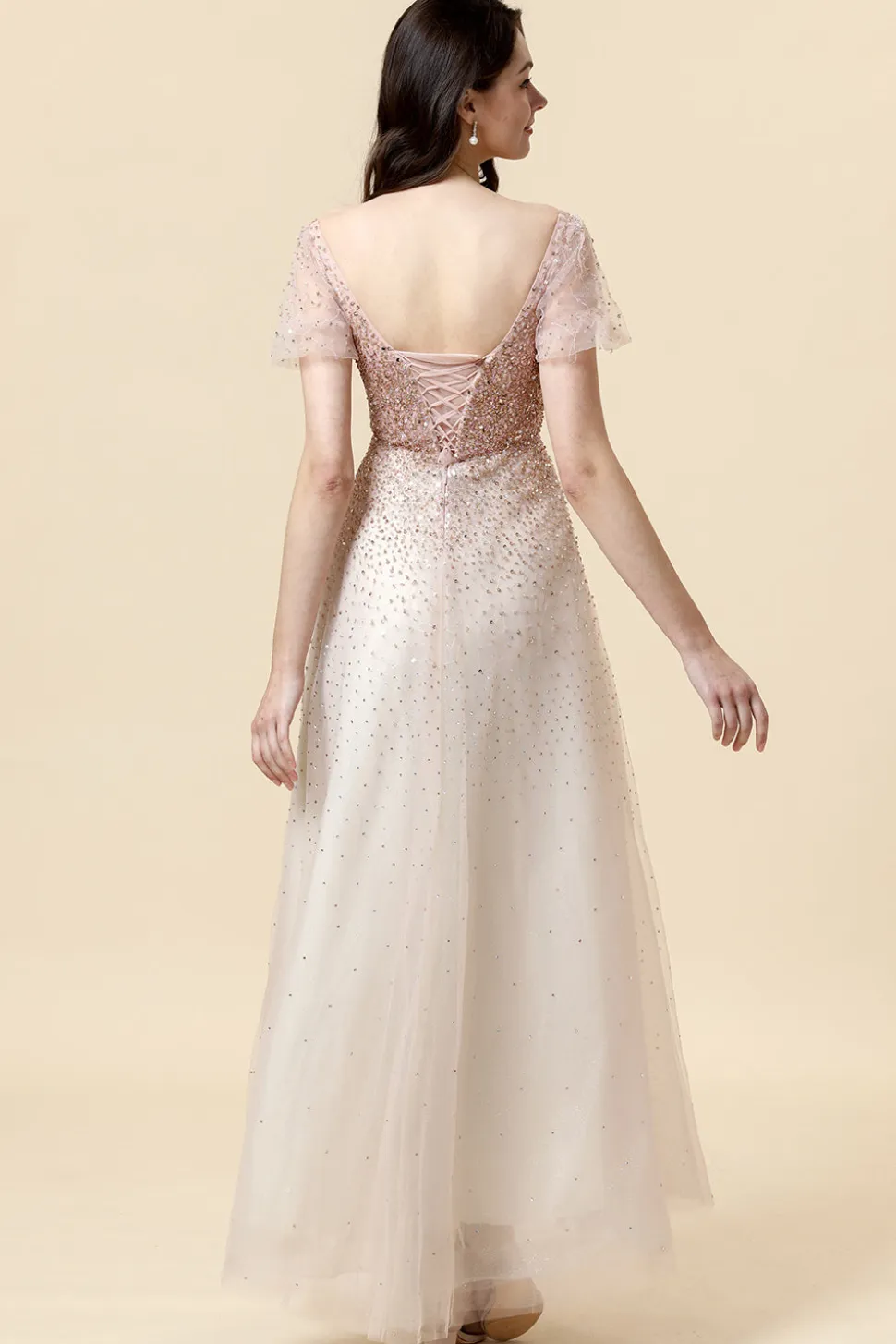 Vestido de Cerimónia Pescoço Quadrado Rosa A-Line