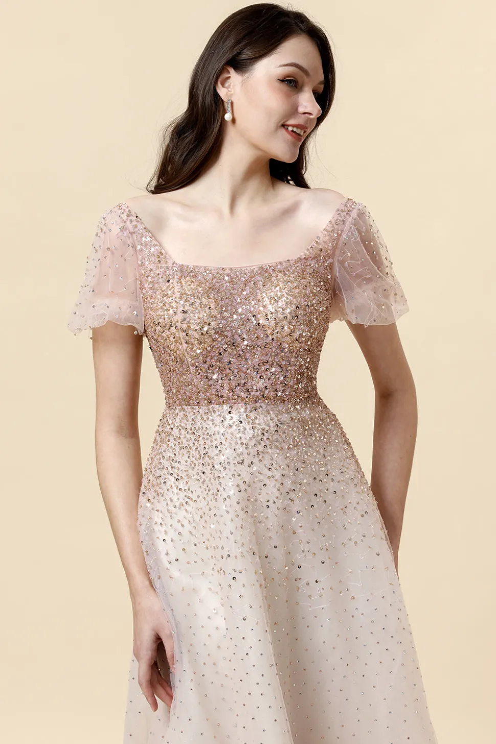 Vestido de Cerimónia Pescoço Quadrado Rosa A-Line
