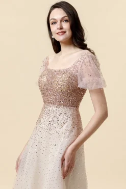 Vestido de Cerimónia Pescoço Quadrado Rosa A-Line