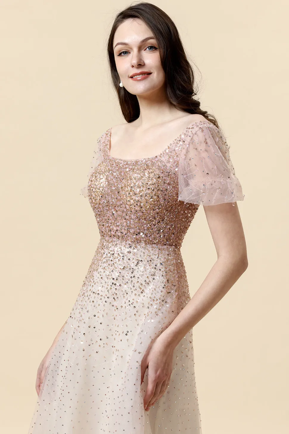 Vestido de Cerimónia Pescoço Quadrado Rosa A-Line