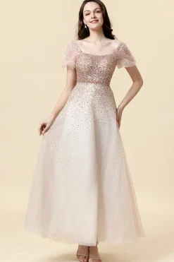 Vestido de Cerimónia Pescoço Quadrado Rosa A-Line
