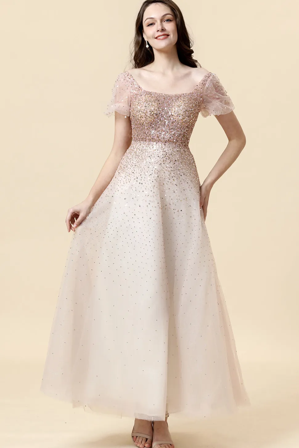 Vestido de Cerimónia Pescoço Quadrado Rosa A-Line