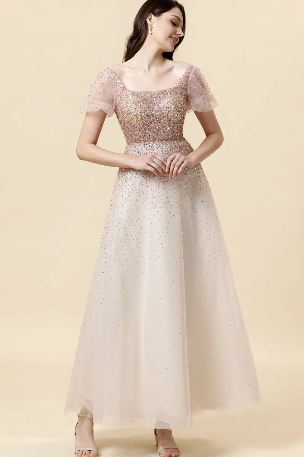 Vestido de Cerimónia Pescoço Quadrado Rosa A-Line