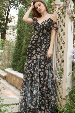 Vestido de Cerimónia Preto Fora do Ombro Florales