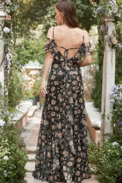 Vestido de Cerimónia Preto Fora do Ombro Florales