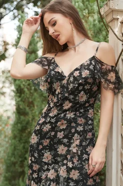 Vestido de Cerimónia Preto Fora do Ombro Florales