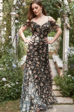 Vestido de Cerimónia Preto Fora do Ombro Florales