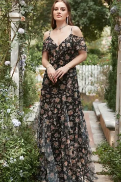 Vestido de Cerimónia Preto Fora do Ombro Florales