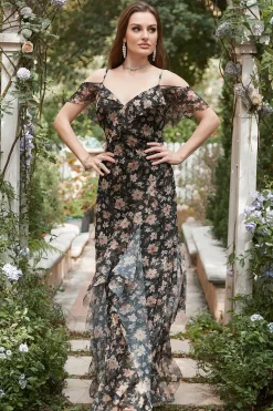 Vestido de Cerimónia Preto Fora do Ombro Florales