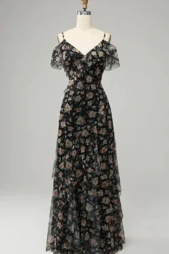 Vestido de Cerimónia Preto Fora do Ombro Florales