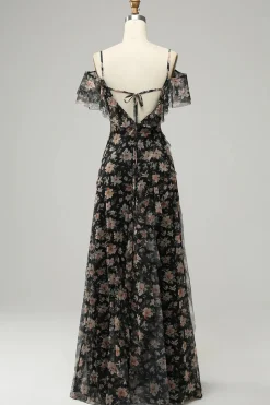 Vestido de Cerimónia Preto Fora do Ombro Florales