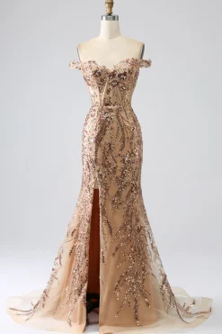 Vestido de cerimônia sereia brilhante com ombro de fora rosa dourado espartilho com fenda