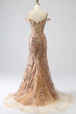 Vestido de cerimônia sereia brilhante com ombro de fora rosa dourado espartilho com fenda