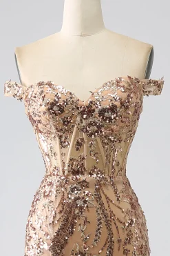 Vestido de cerimônia sereia brilhante com ombro de fora rosa dourado espartilho com fenda