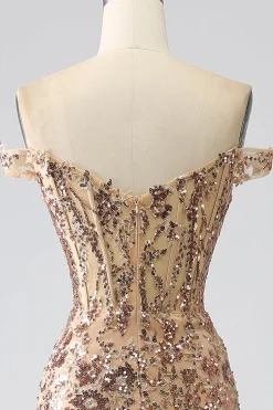 Vestido de cerimônia sereia brilhante com ombro de fora rosa dourado espartilho com fenda