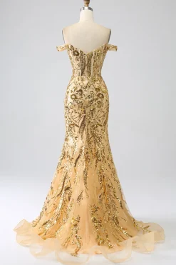 Vestido de cerimônia sereia brilhante com ombro de fora rosa dourado espartilho com fenda